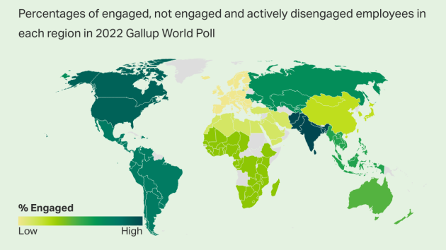 'Quiet quitting' wird zunehmend zum Problem - Mitarbeiterengagement nach Regionen - Quelle: Gallup